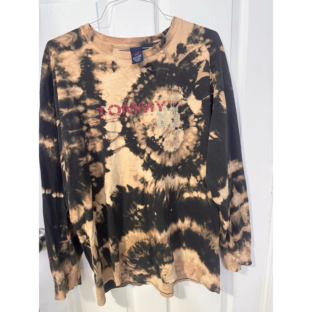 Tommy Jeans Men's XL Long Sleeve Graphic T-Shirt Black Tan Bleach Tie Dye Vtg